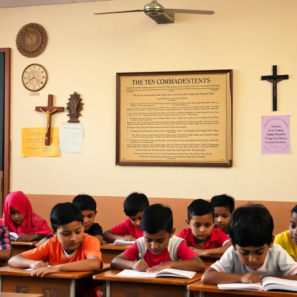 Public school classroom displaying the Ten Commandments
