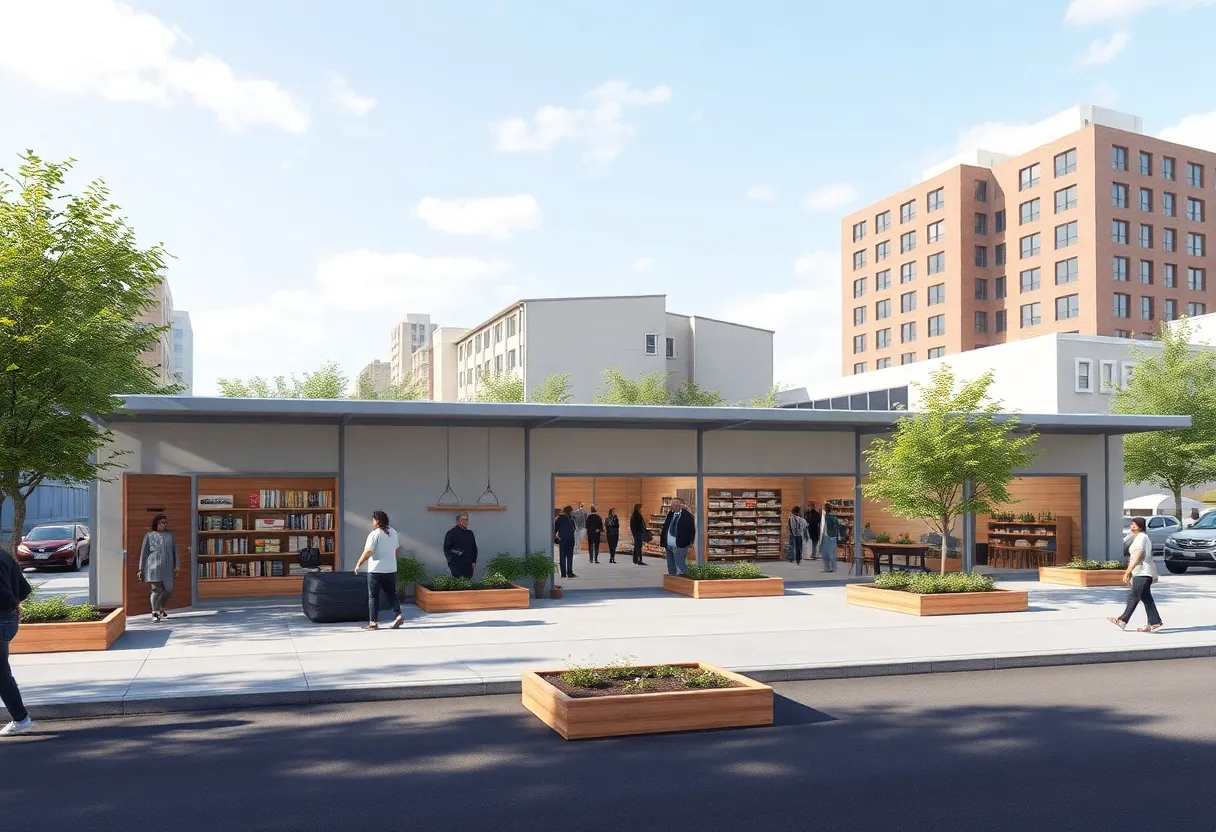 An illustration of The Stronghold community hub with various support facilities in Starkville.