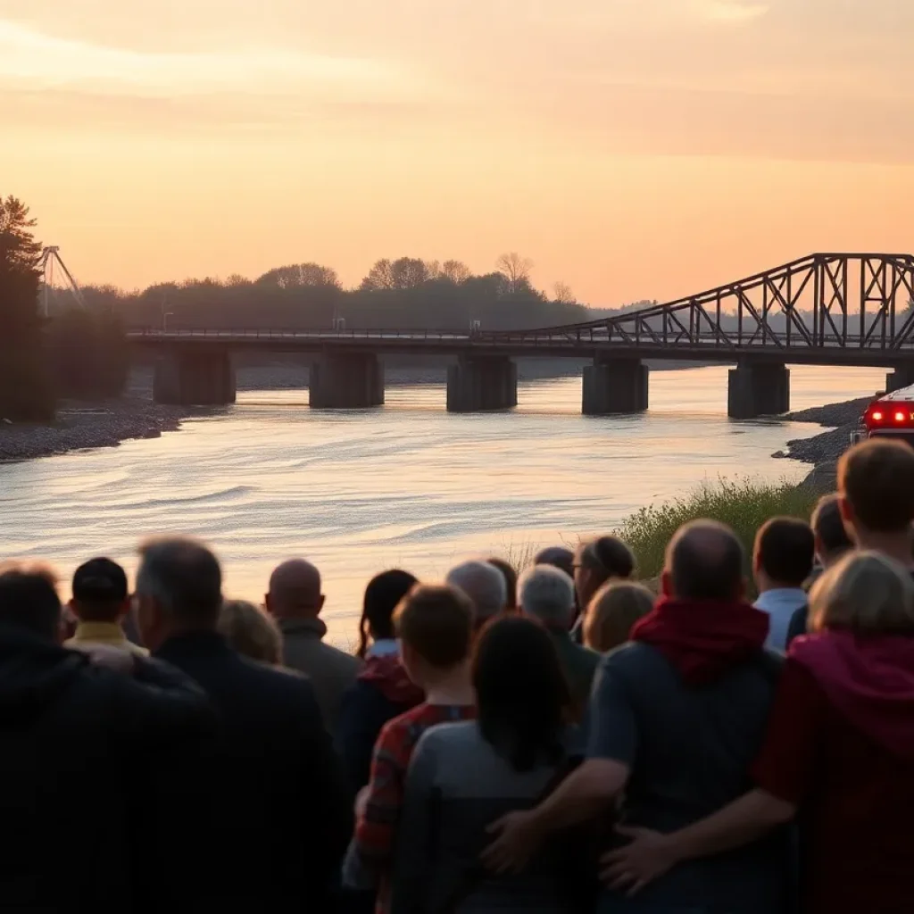 Community members and emergency responders gathered by the river after a tragic train accident.