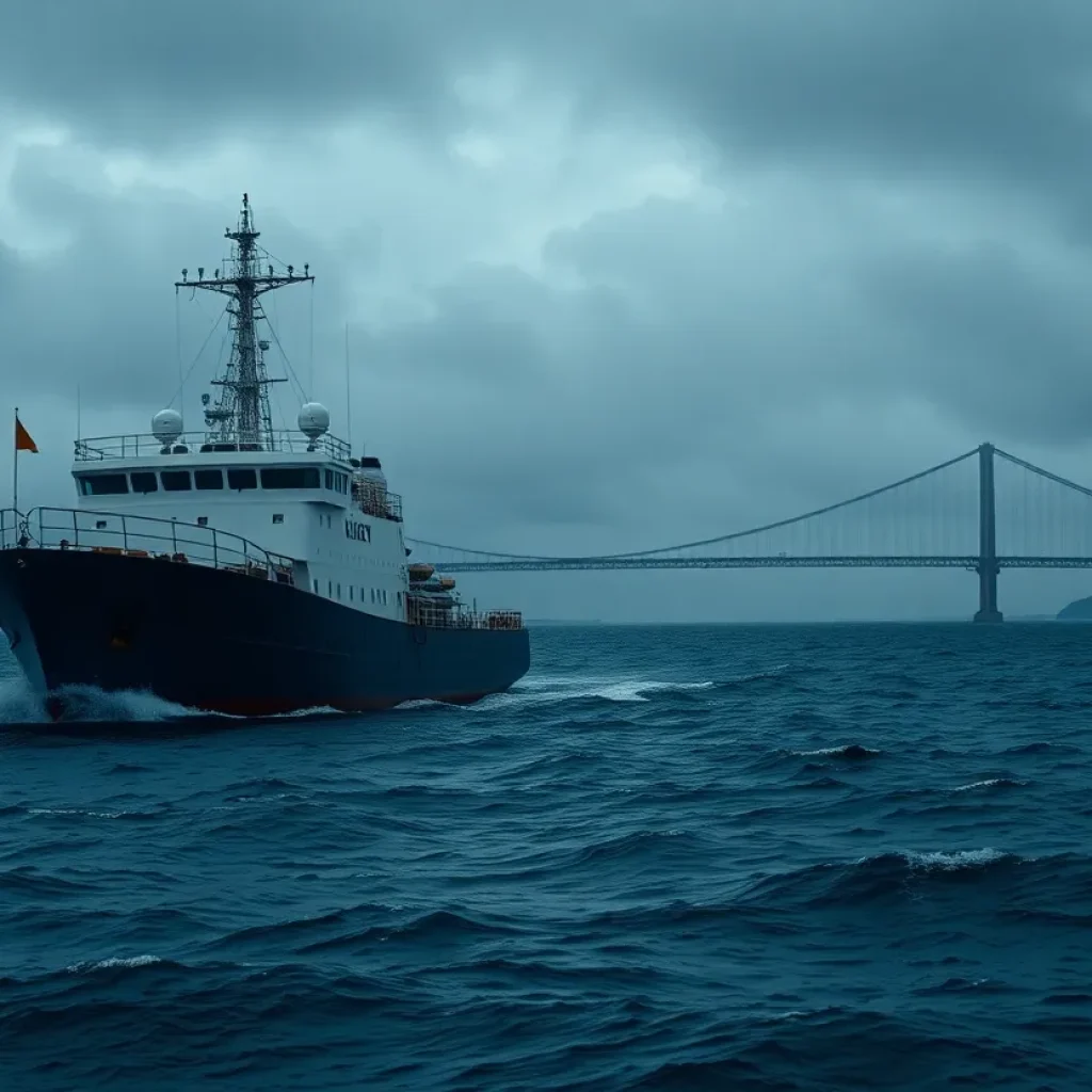 Training ship on turbulent waters near a bridge