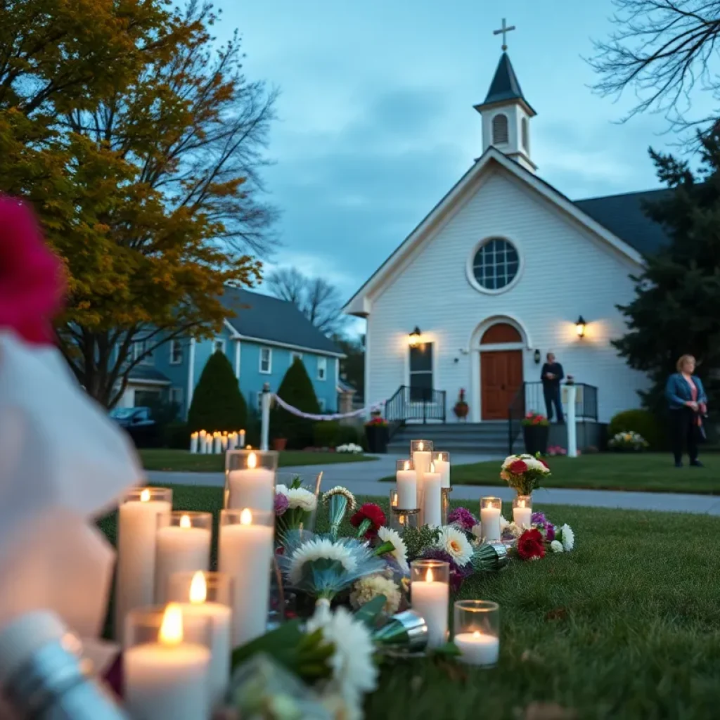 Community tribute scene with candles and flowers.