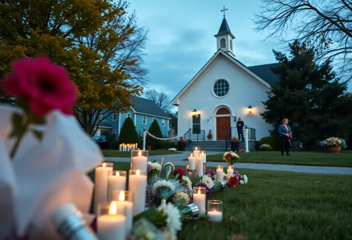 Community tribute scene with candles and flowers.
