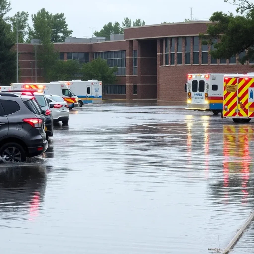 Flooded parking lot at Westernport Elementary School with emergency responders assisting.