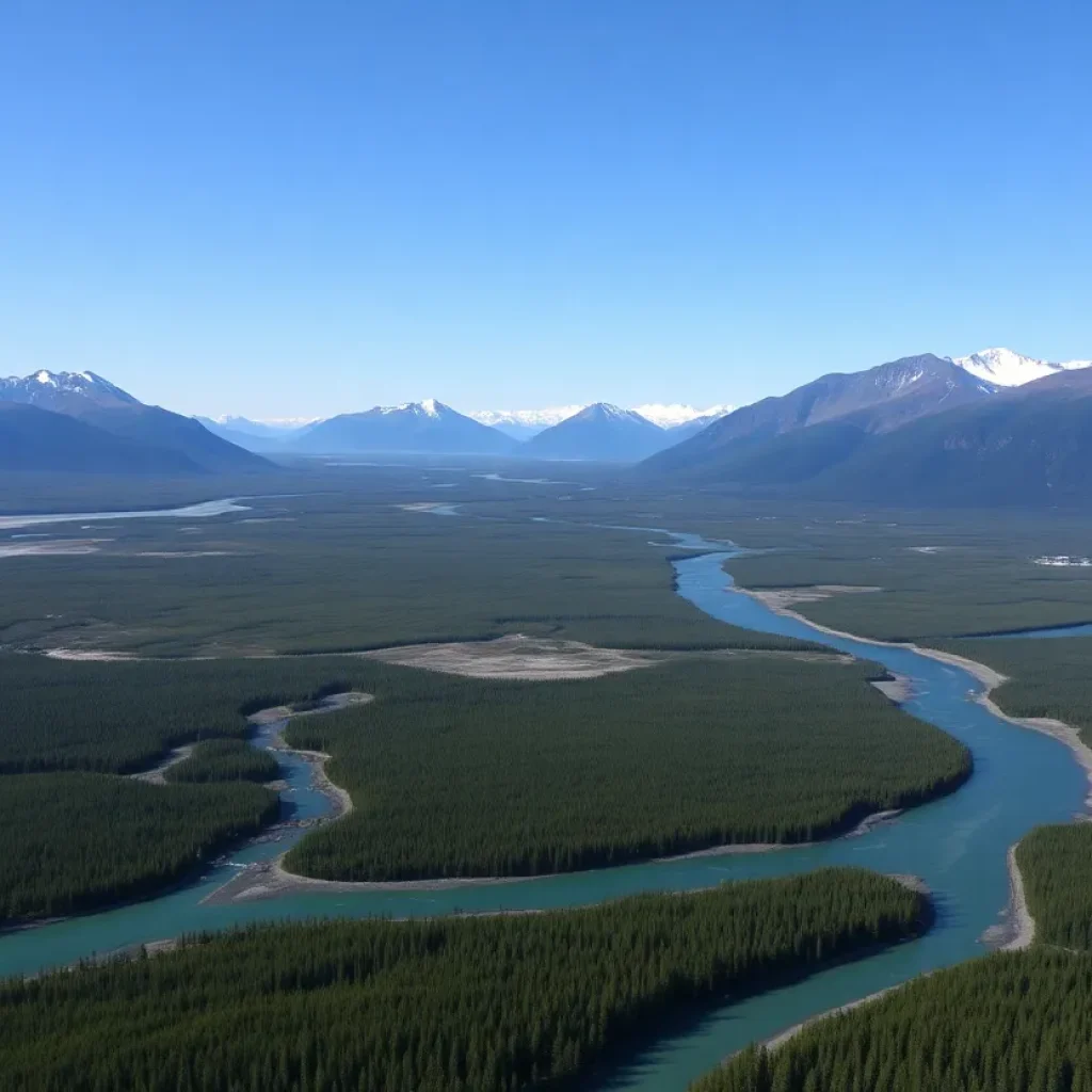 A scenic view of Alaska's wilderness with oil drilling activities in the background.