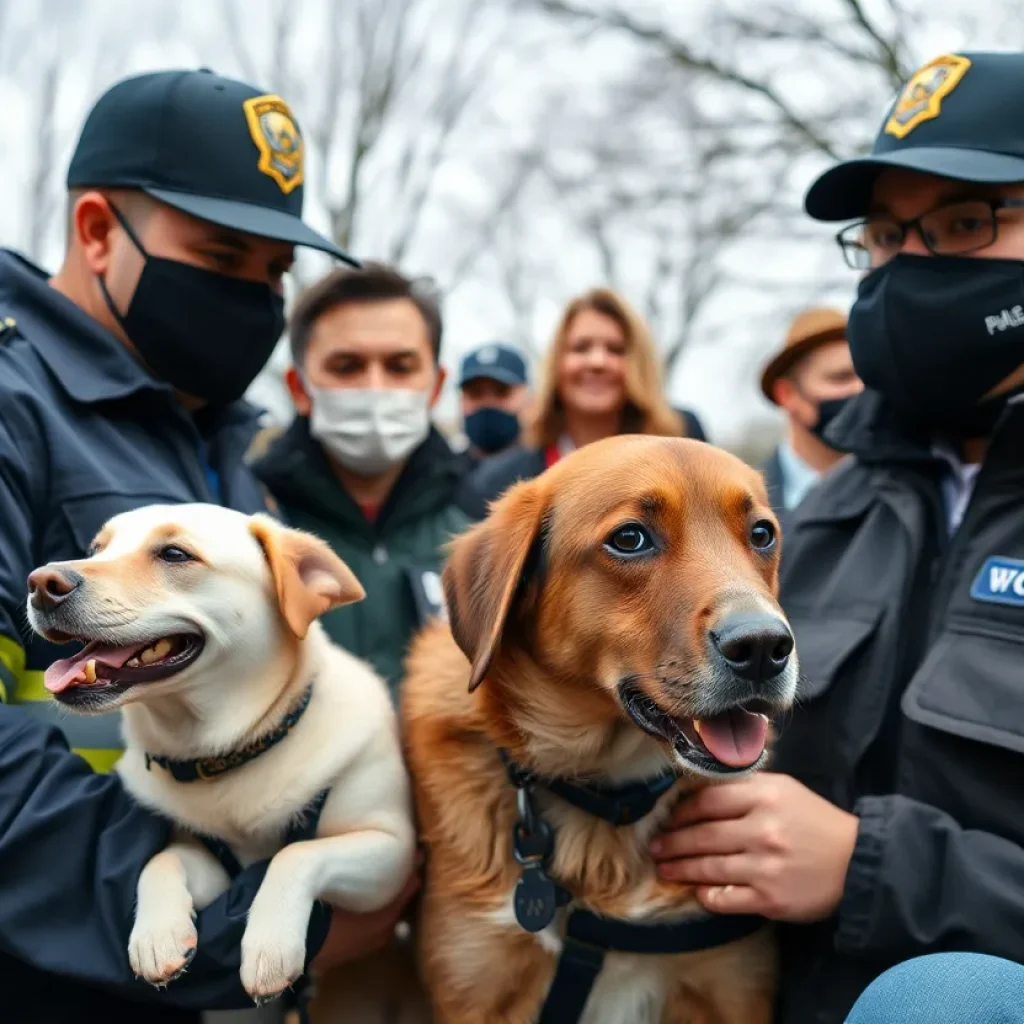 Illustration depicting a concerned community and law enforcement dealing with animal cruelty cases.
