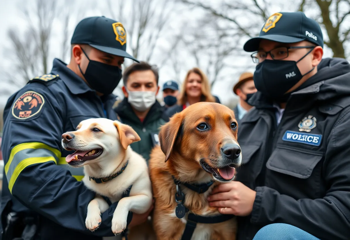 Illustration depicting a concerned community and law enforcement dealing with animal cruelty cases.