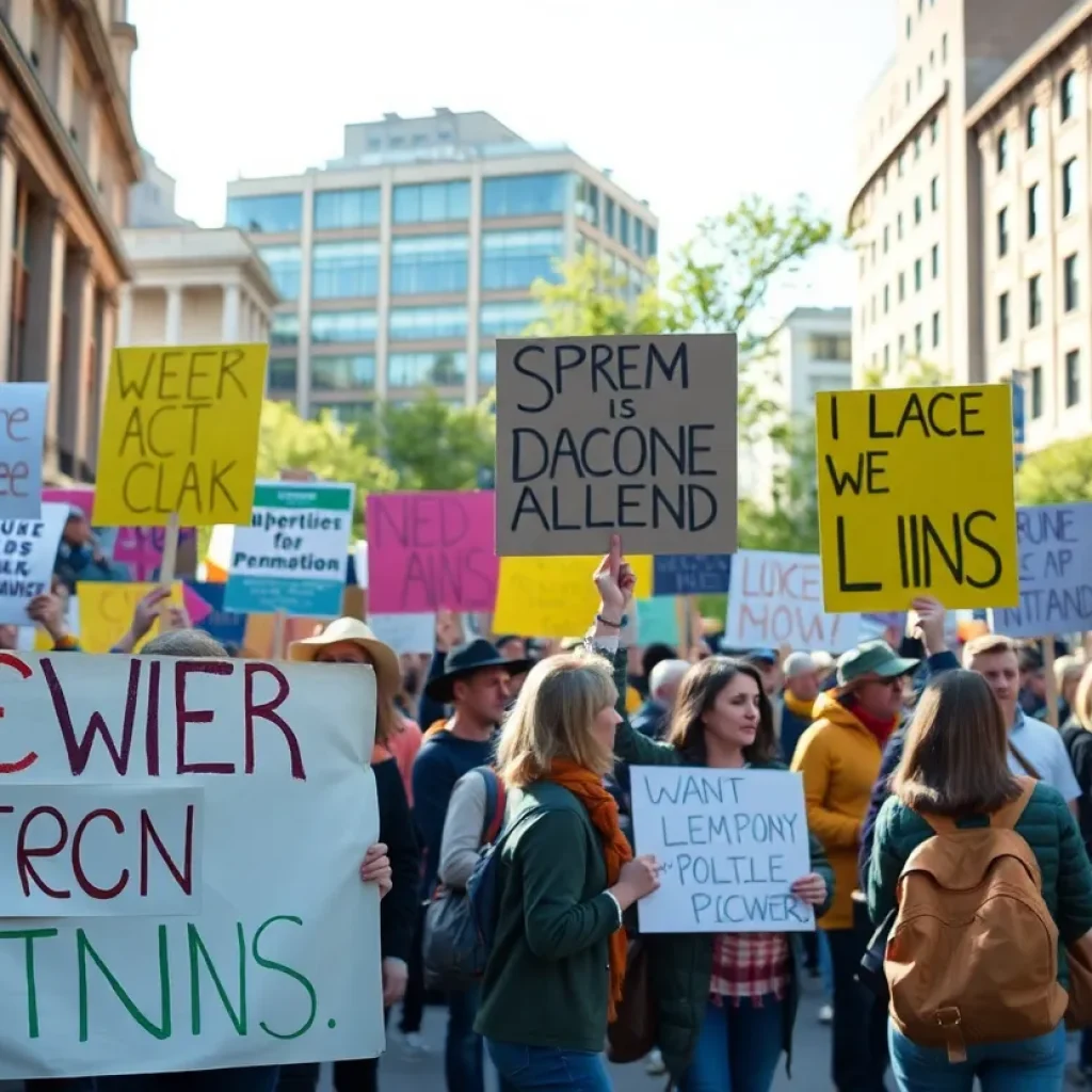 Demonstrators in Athens holding signs during a peaceful protest.