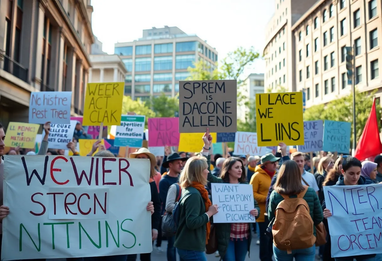 Demonstrators in Athens holding signs during a peaceful protest.