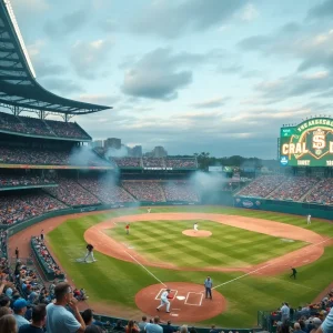 Crowd cheering at a college baseball game
