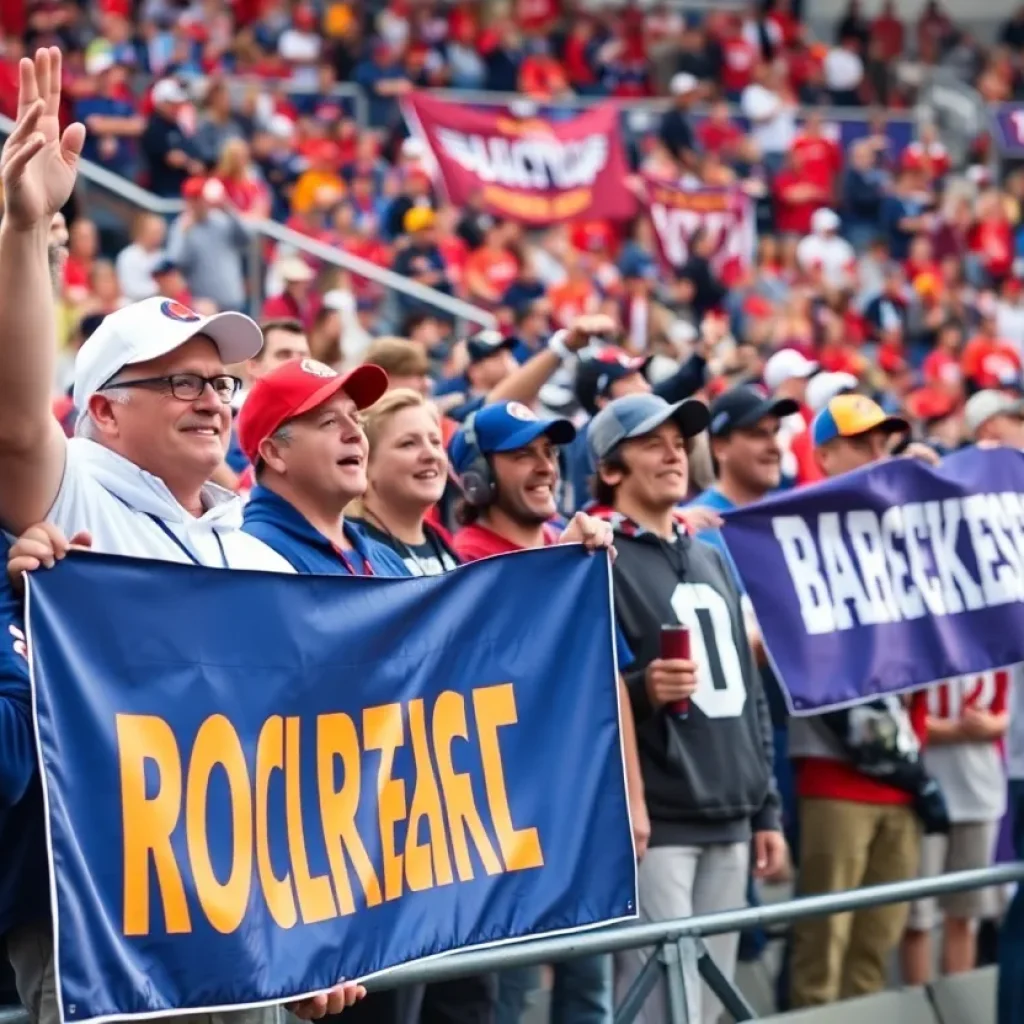 Atmosphere of college football recruiting weekend with fans and banners