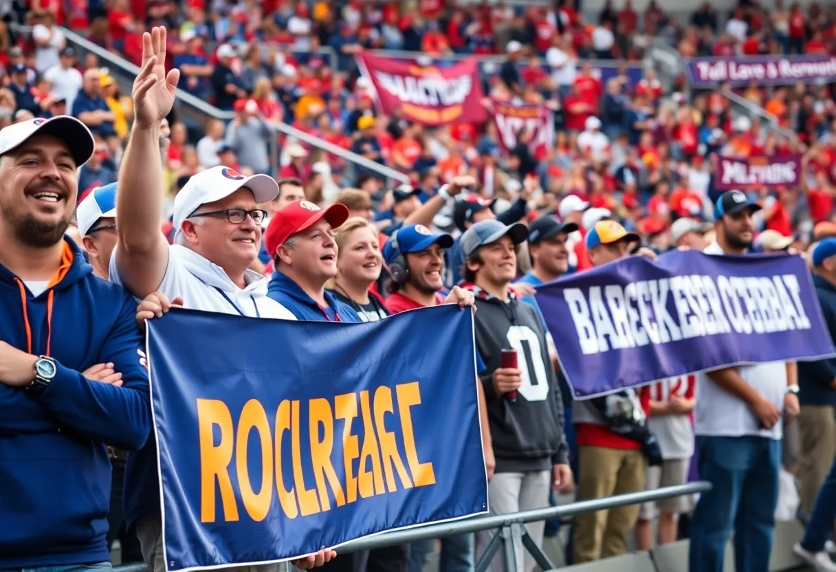 Atmosphere of college football recruiting weekend with fans and banners