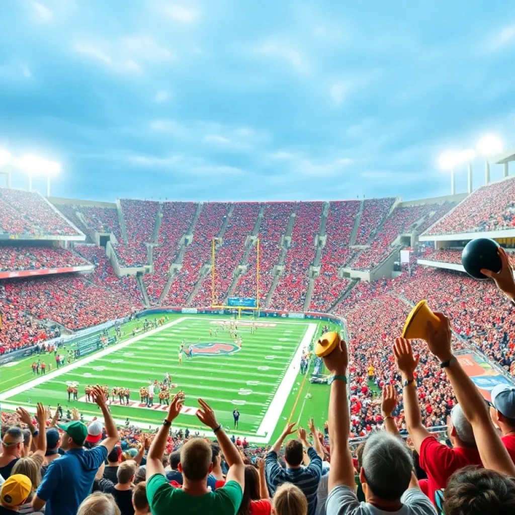 Crowd cheering in a college football stadium with cowbells