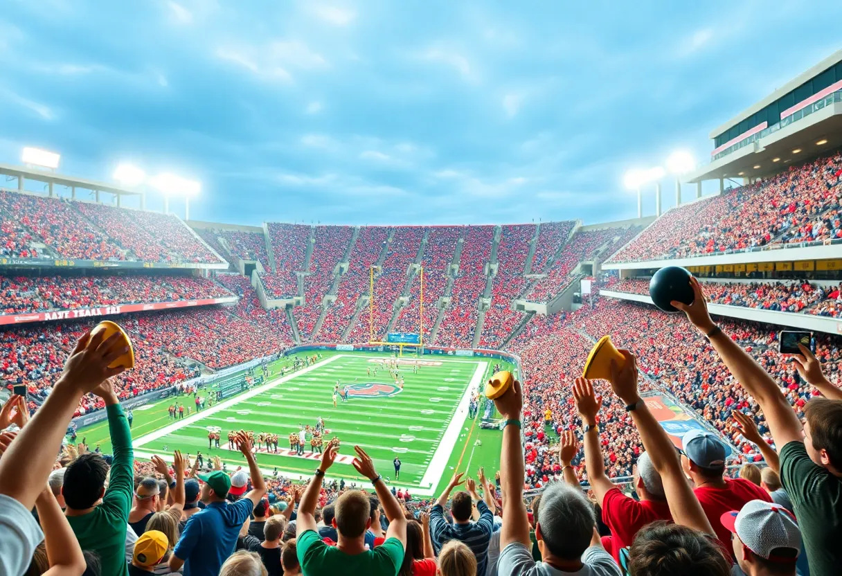 Crowd cheering in a college football stadium with cowbells
