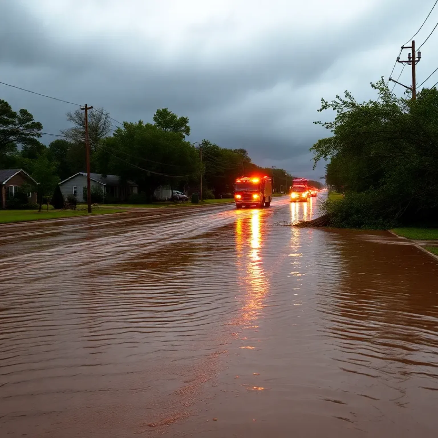 A flooded road with downed trees after severe thunderstorms in Columbus MS.
