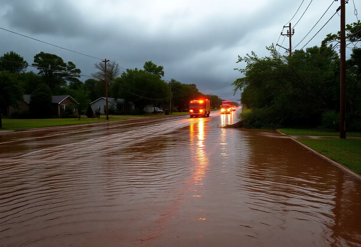 A flooded road with downed trees after severe thunderstorms in Columbus MS.