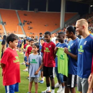Children engaging with athletes during a community football event