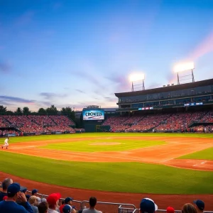 Dudy Noble Field with excited fans and baseball equipment in view