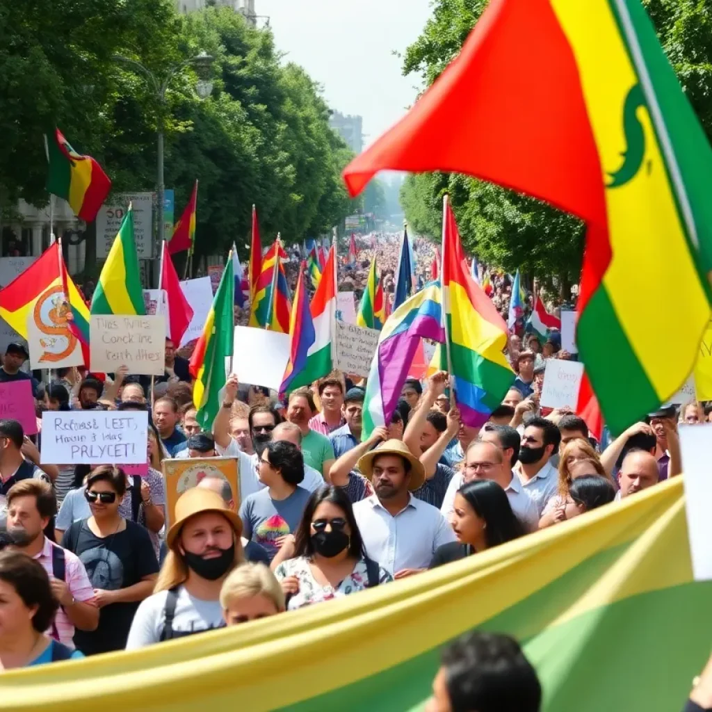 Crowds gathering for Flag Day protests with colorful banners.