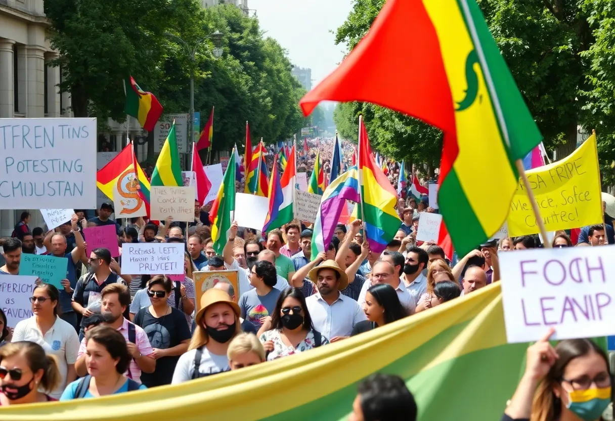 Crowds gathering for Flag Day protests with colorful banners.