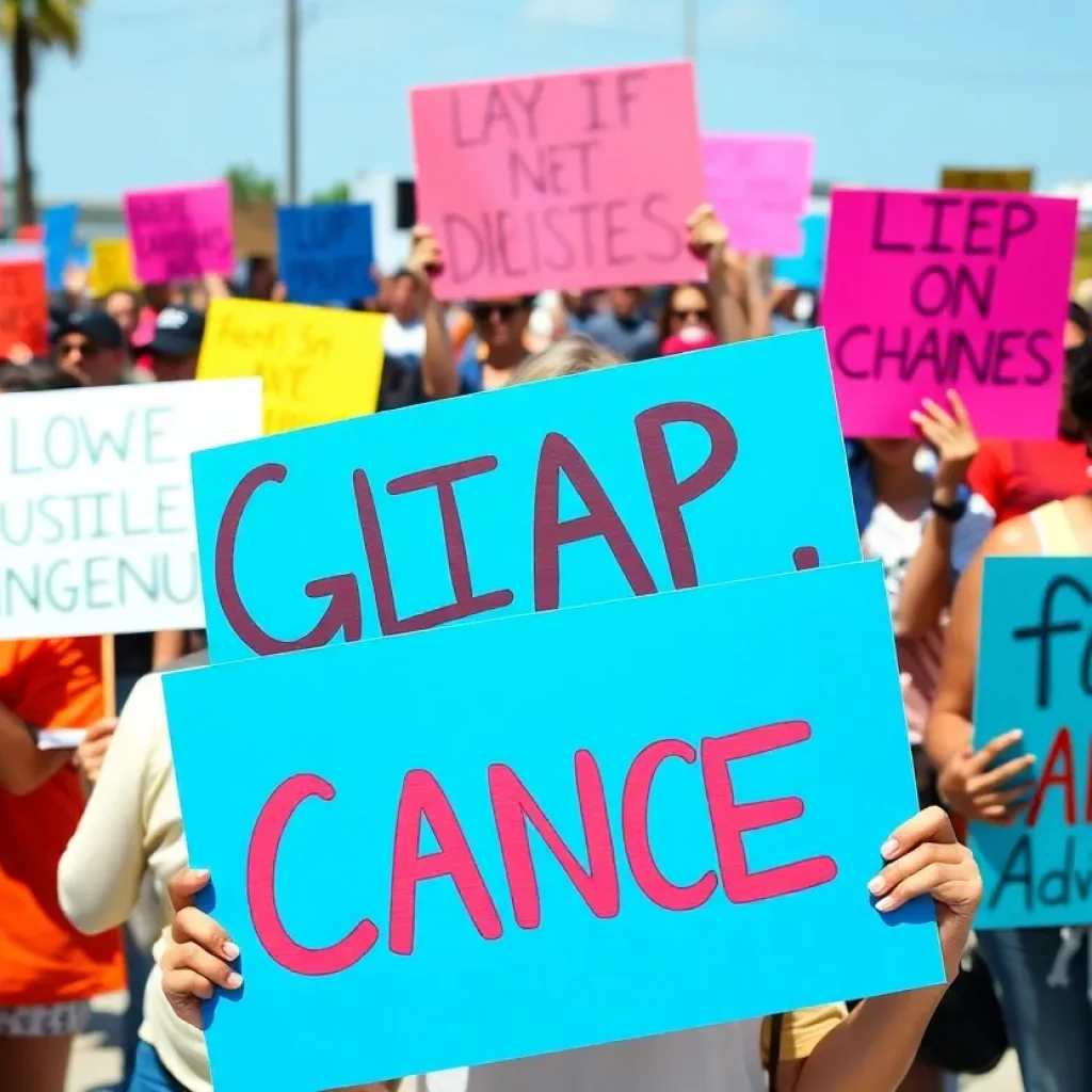 Crowd of protesters in Gulfport holding signs