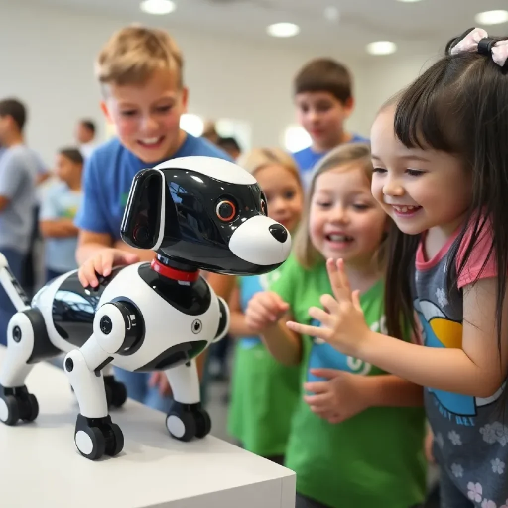 Children interacting with a robot dog at a summer program
