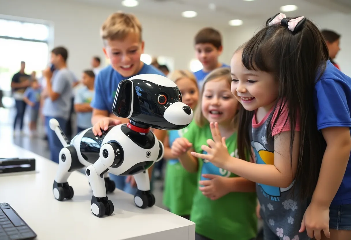 Children interacting with a robot dog at a summer program