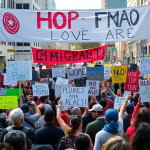 Crowd protesting for immigrant rights in Los Angeles