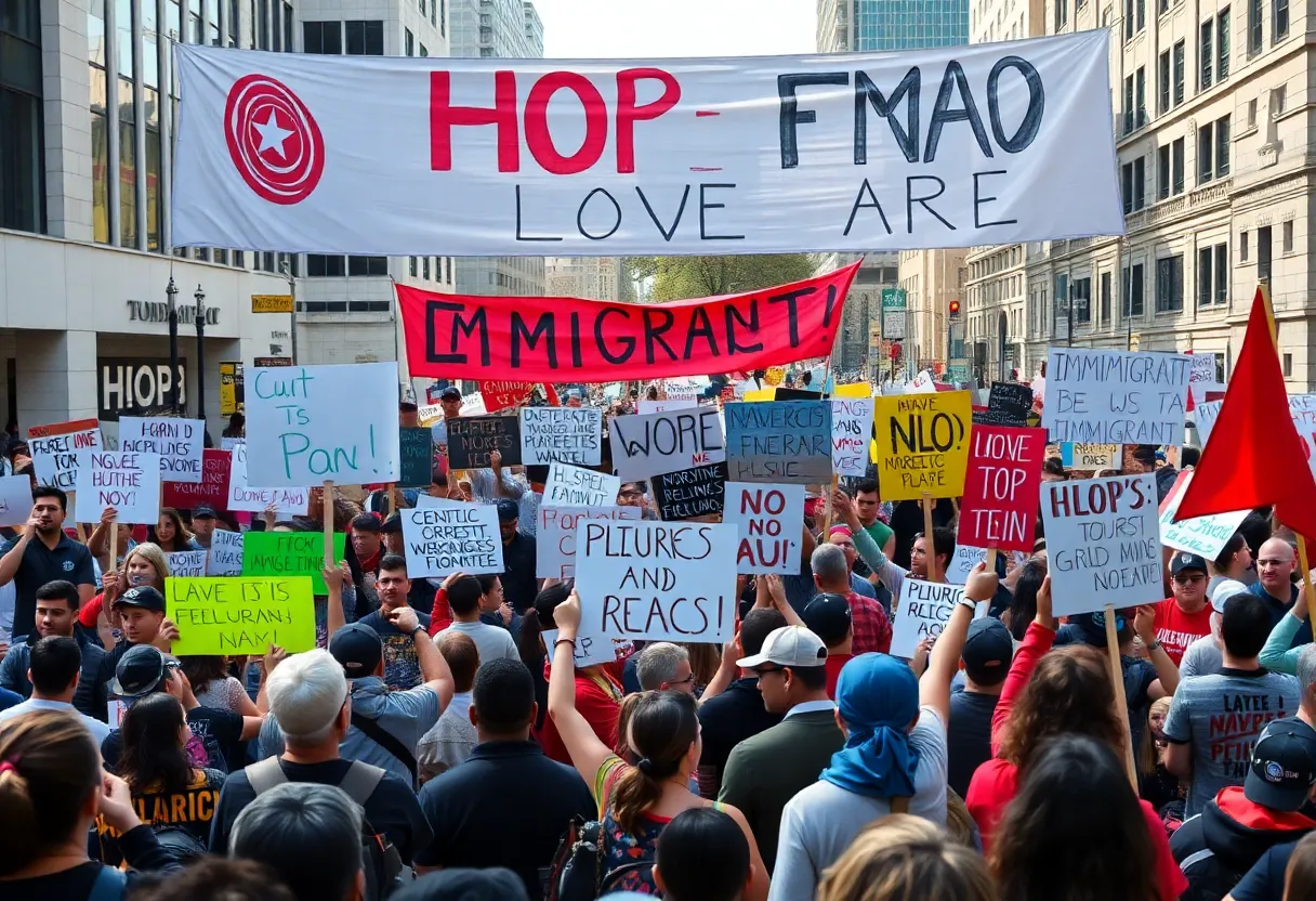 Crowd protesting for immigrant rights in Los Angeles