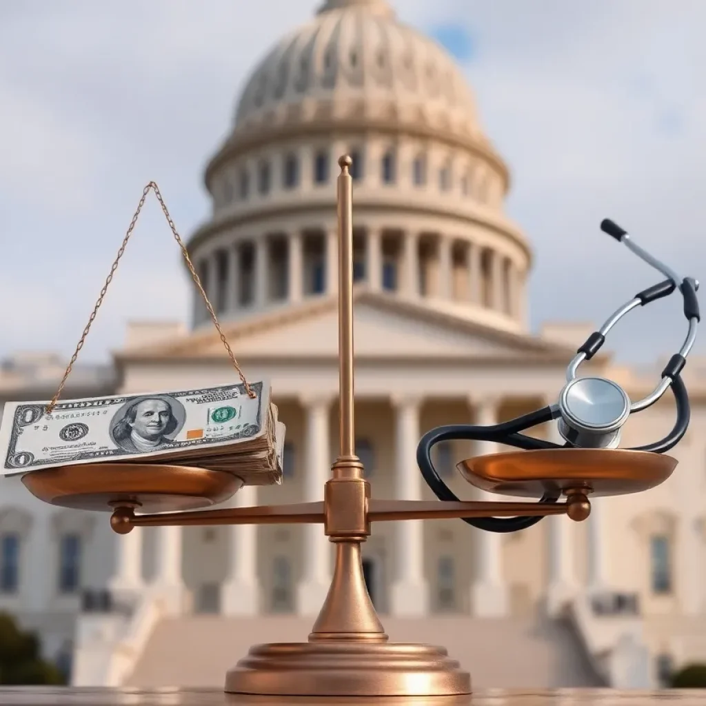A balanced scale showing financial responsibility and healthcare themes.