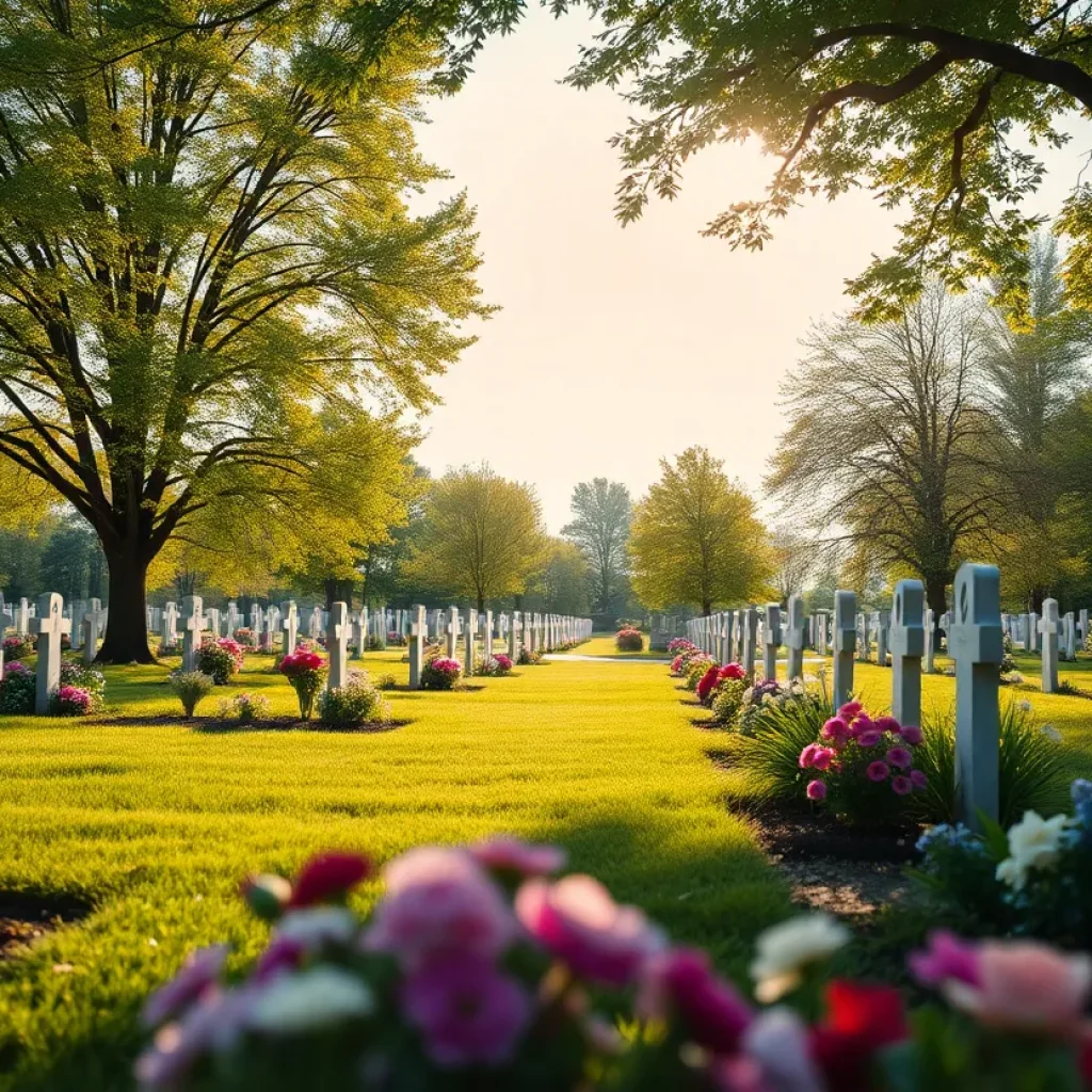 Cemetery landscape with flowers representing memory and legacy
