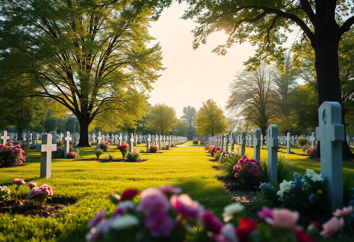 Cemetery landscape with flowers representing memory and legacy