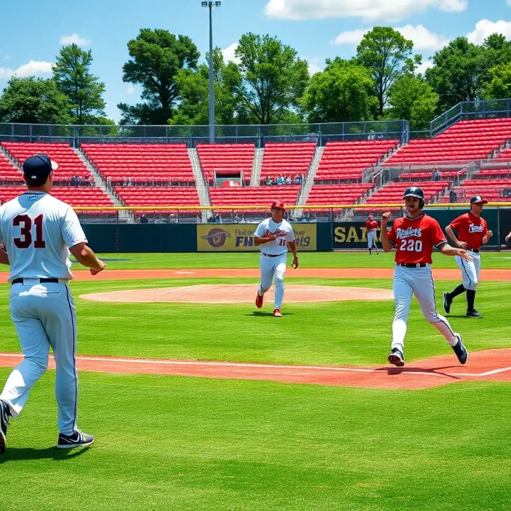 Baseball players in action at Mississippi State's baseball field