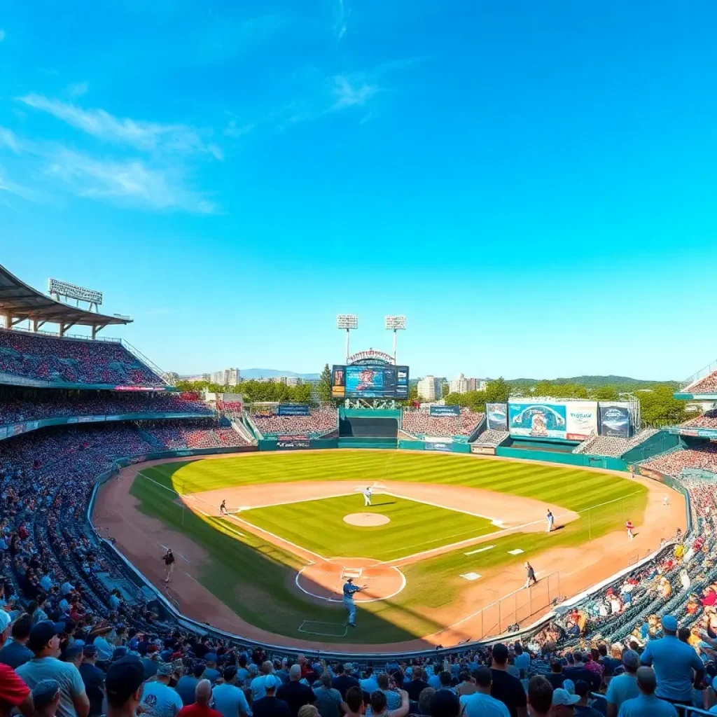 A bustling college baseball stadium at Mississippi State University during a game.