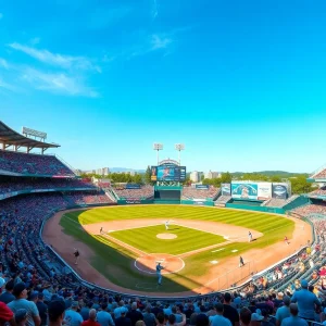 A bustling college baseball stadium at Mississippi State University during a game.