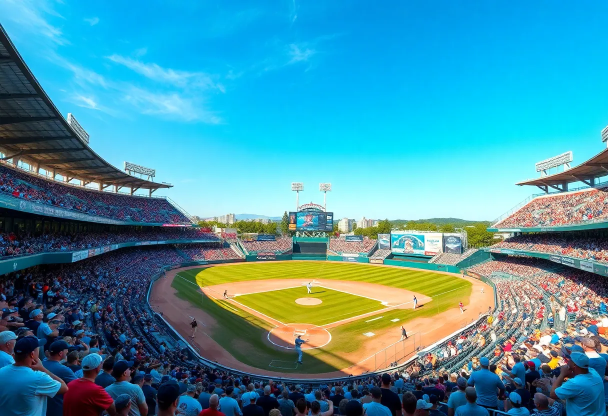 A bustling college baseball stadium at Mississippi State University during a game.