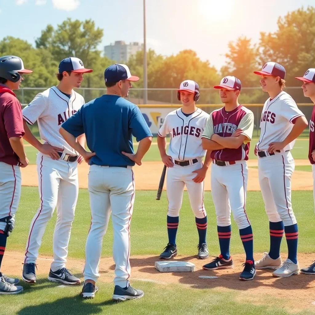 Illustration of college baseball players strategizing during practice
