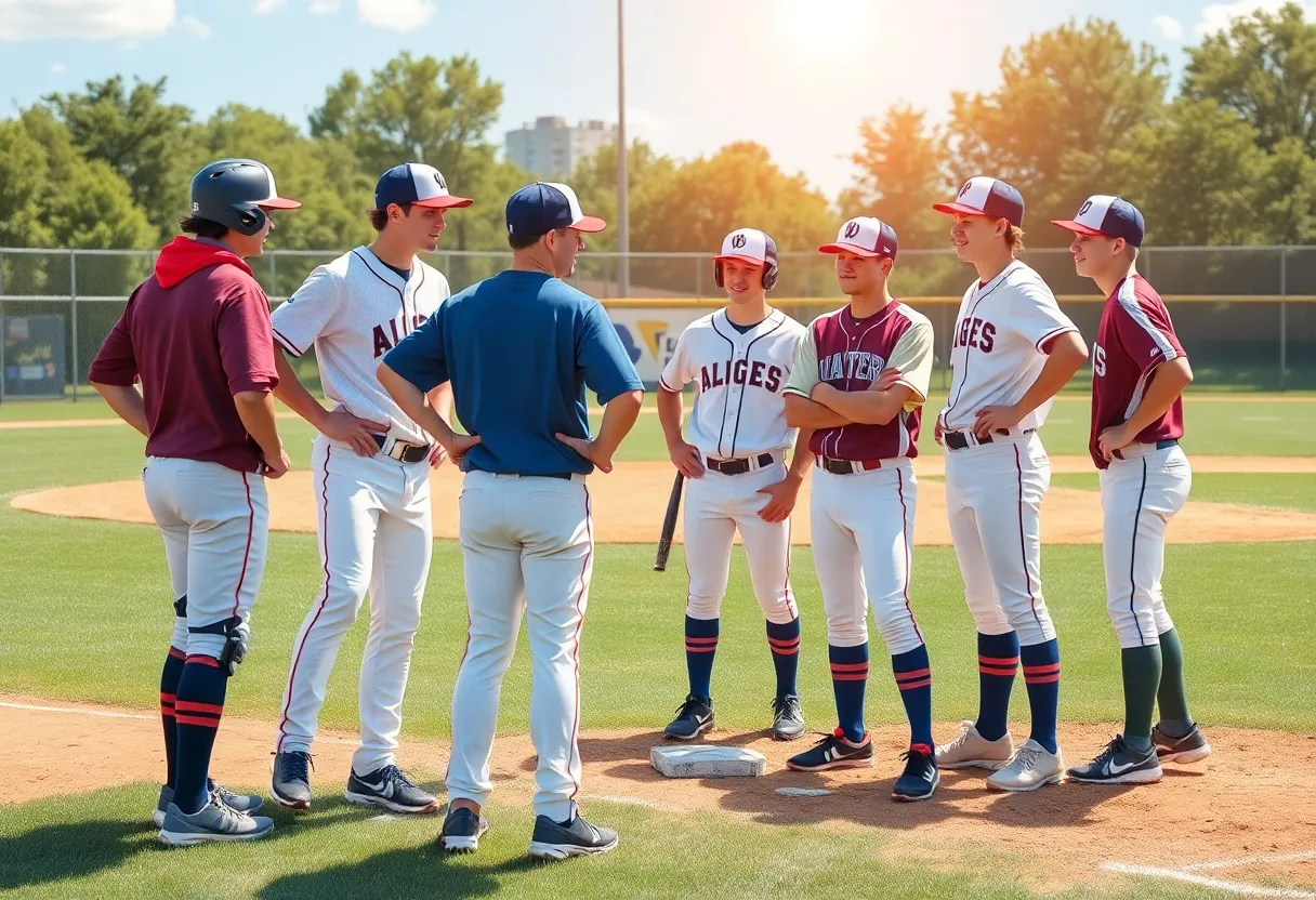 Illustration of college baseball players strategizing during practice