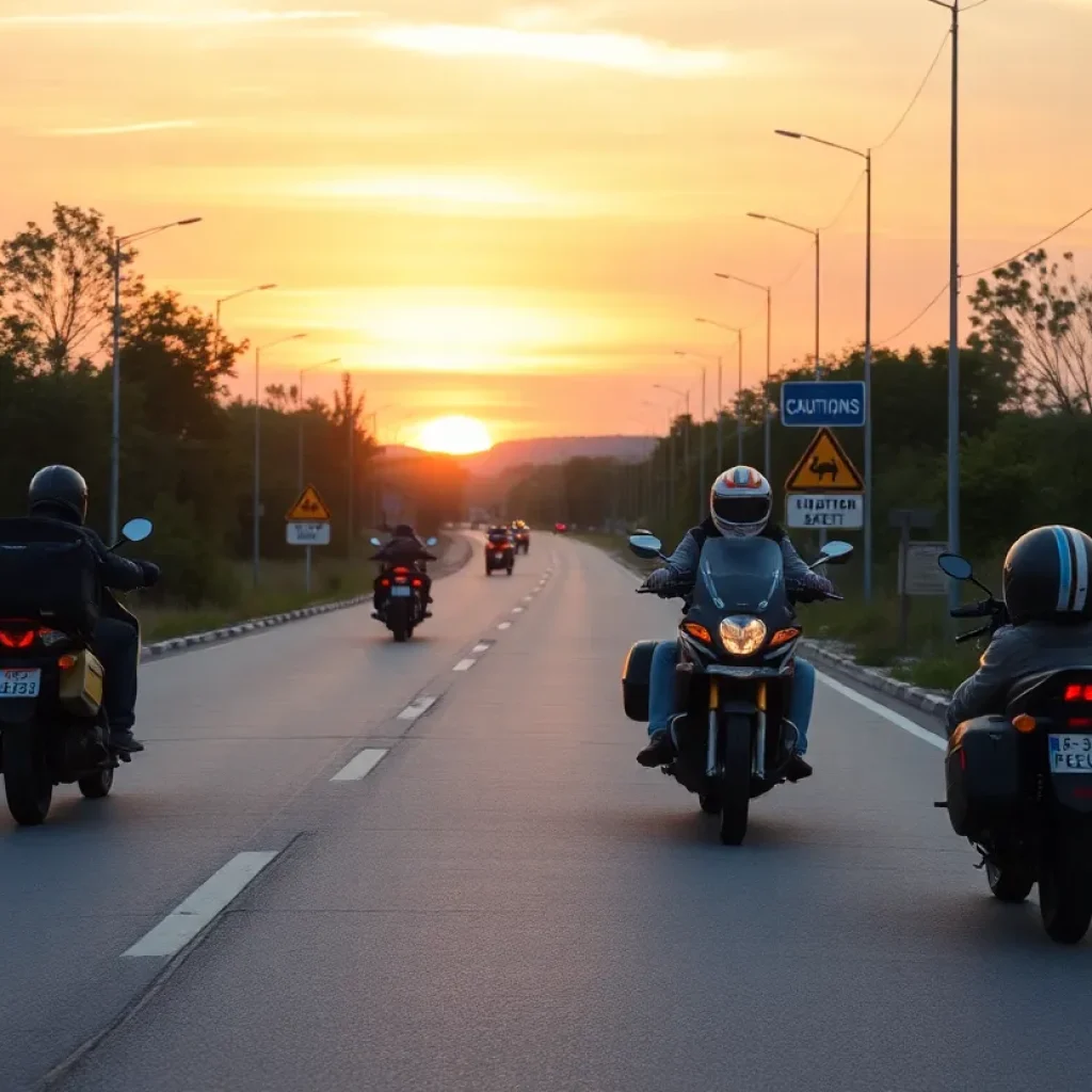 Road scene promoting motorcycle safety with warning signs