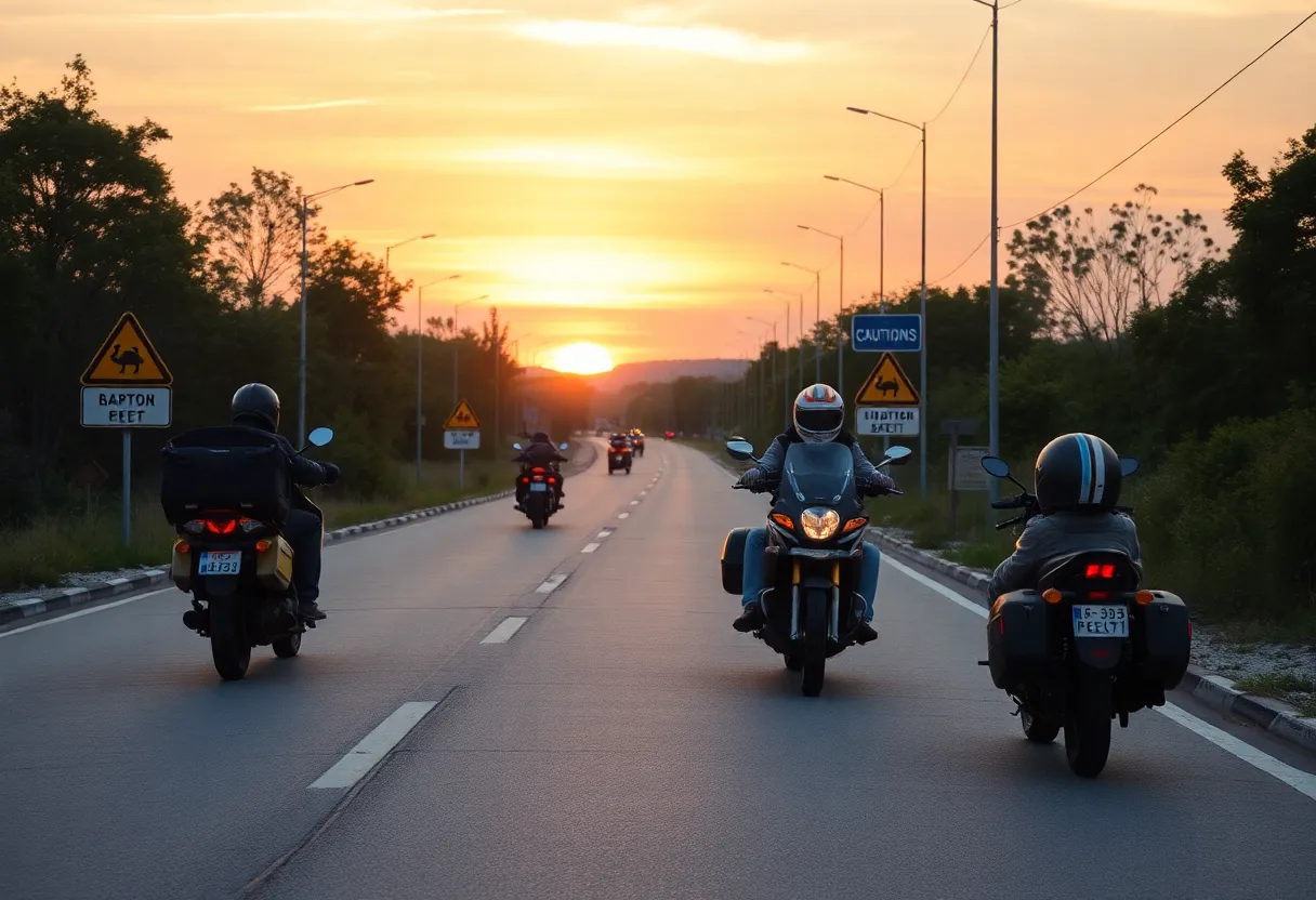 Road scene promoting motorcycle safety with warning signs