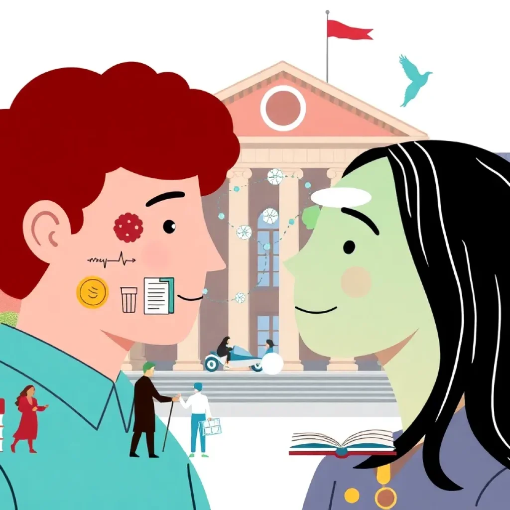 Illustration of a collaborative partnership between two universities symbolizing education and research.