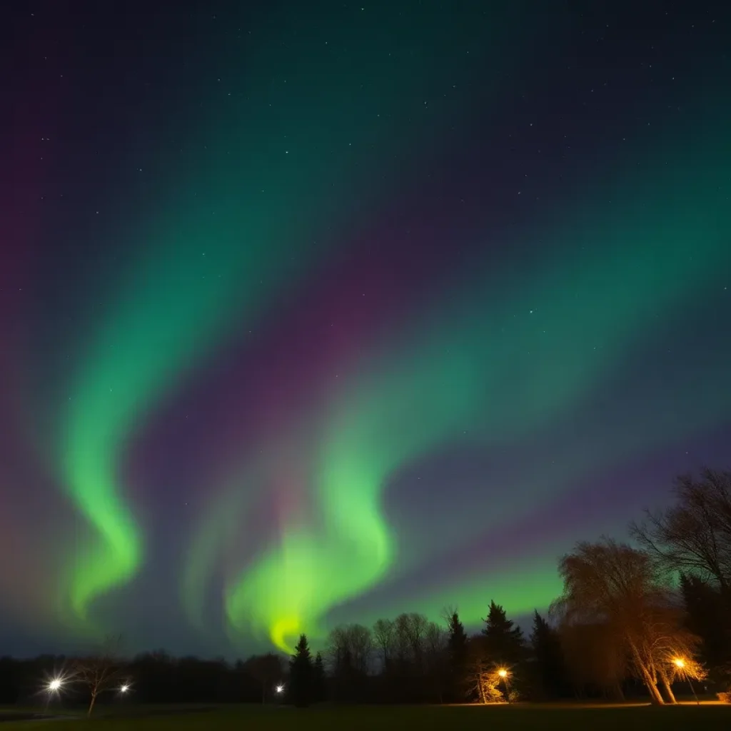 Vibrant Northern Lights illuminating the night sky in a clear park setting.