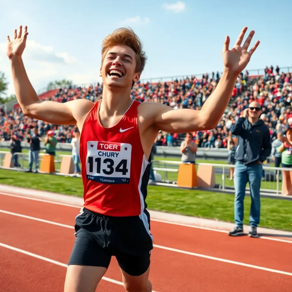 Athlete celebrating victory at NCAA heptathlon championship