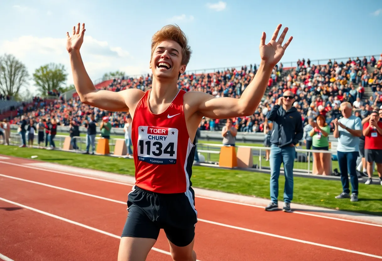 Athlete celebrating victory at NCAA heptathlon championship