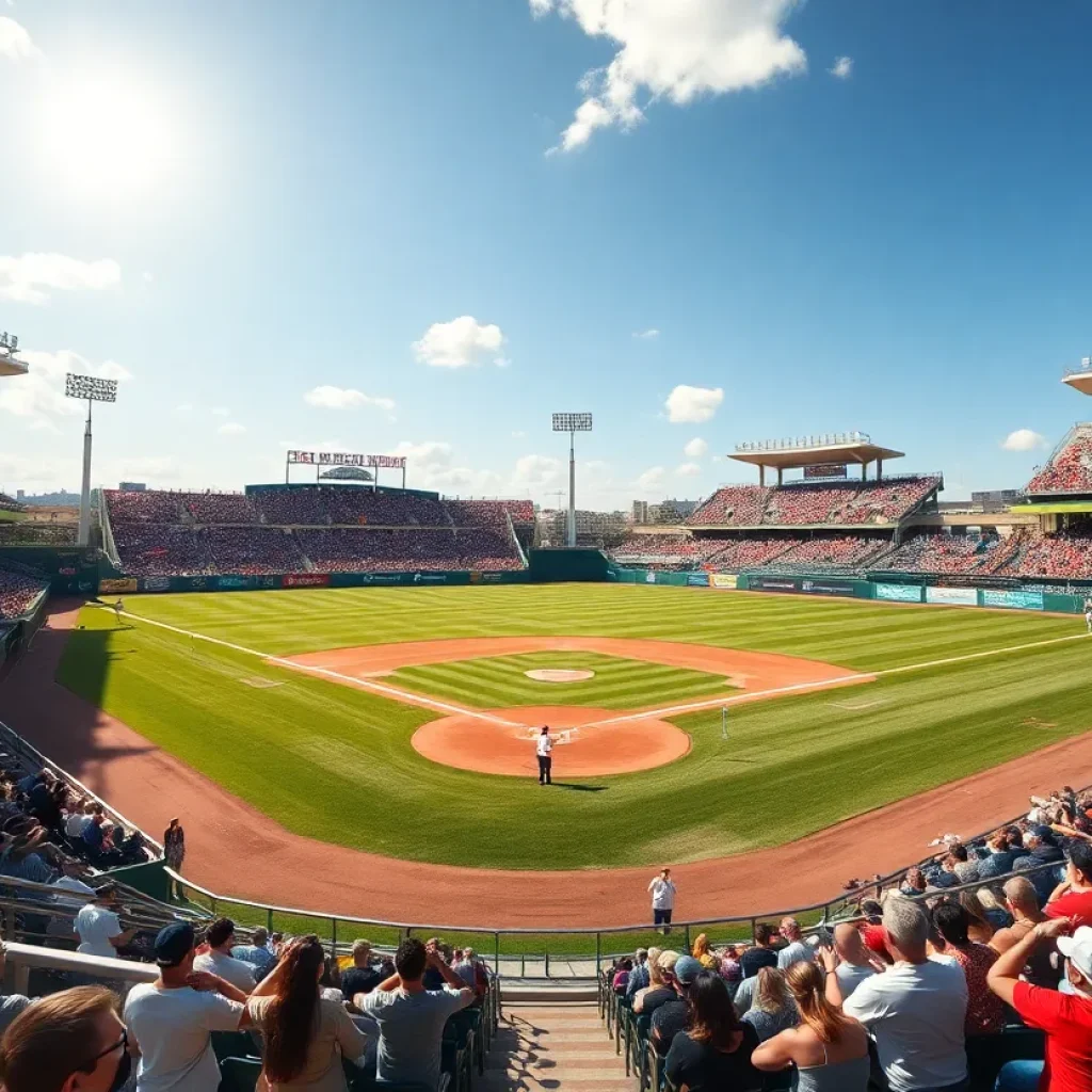 A bustling baseball field filled with fans cheering for their team.