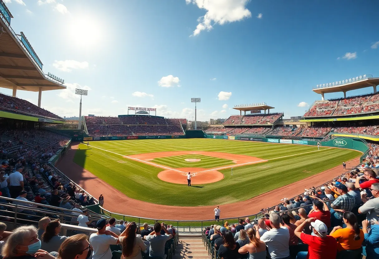 A bustling baseball field filled with fans cheering for their team.