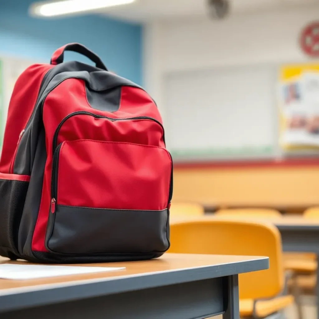 A school backpack placed on a desk in a classroom setting.