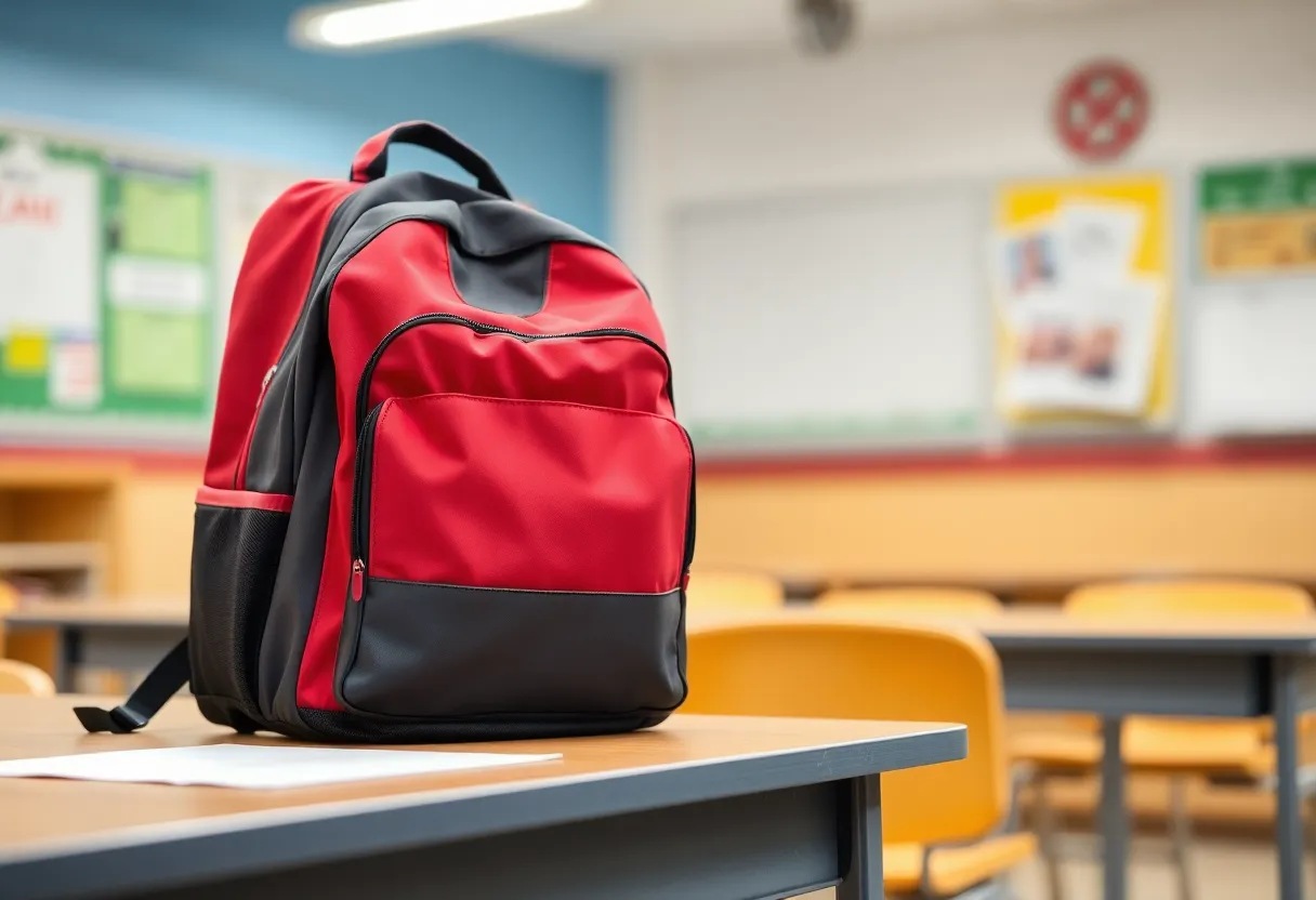 A school backpack placed on a desk in a classroom setting.