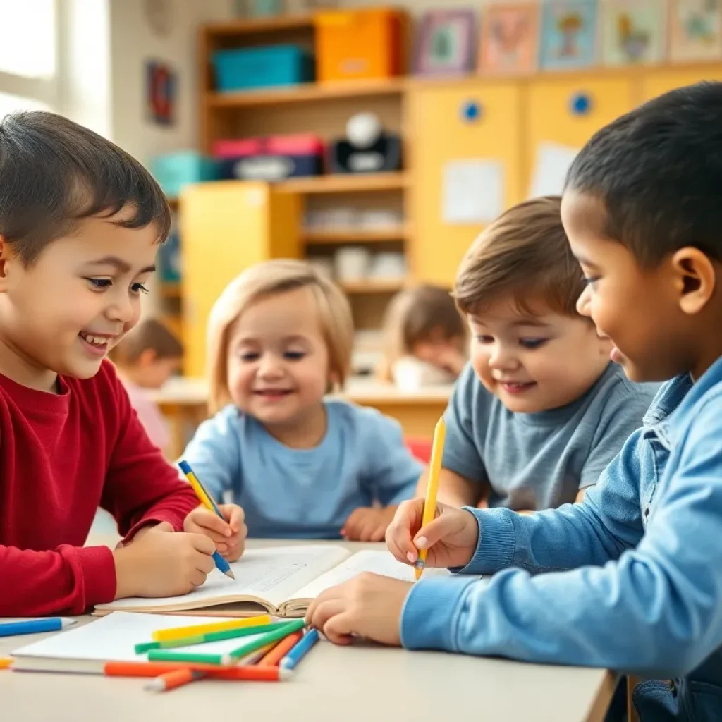 Students actively participating in classroom activities at Henderson Ward Stewart Elementary School.