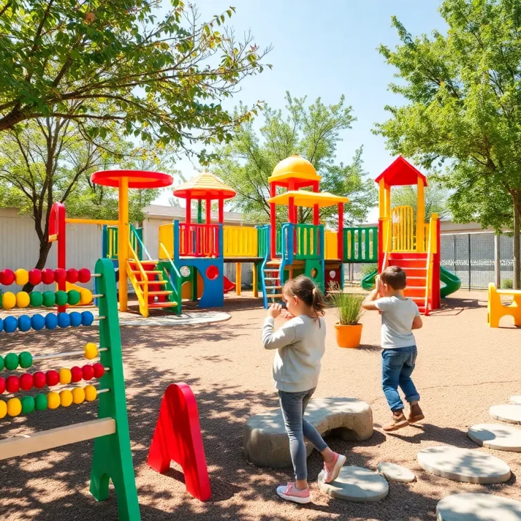The new courtyard at Sudduth Elementary School featuring play structures and learning elements.