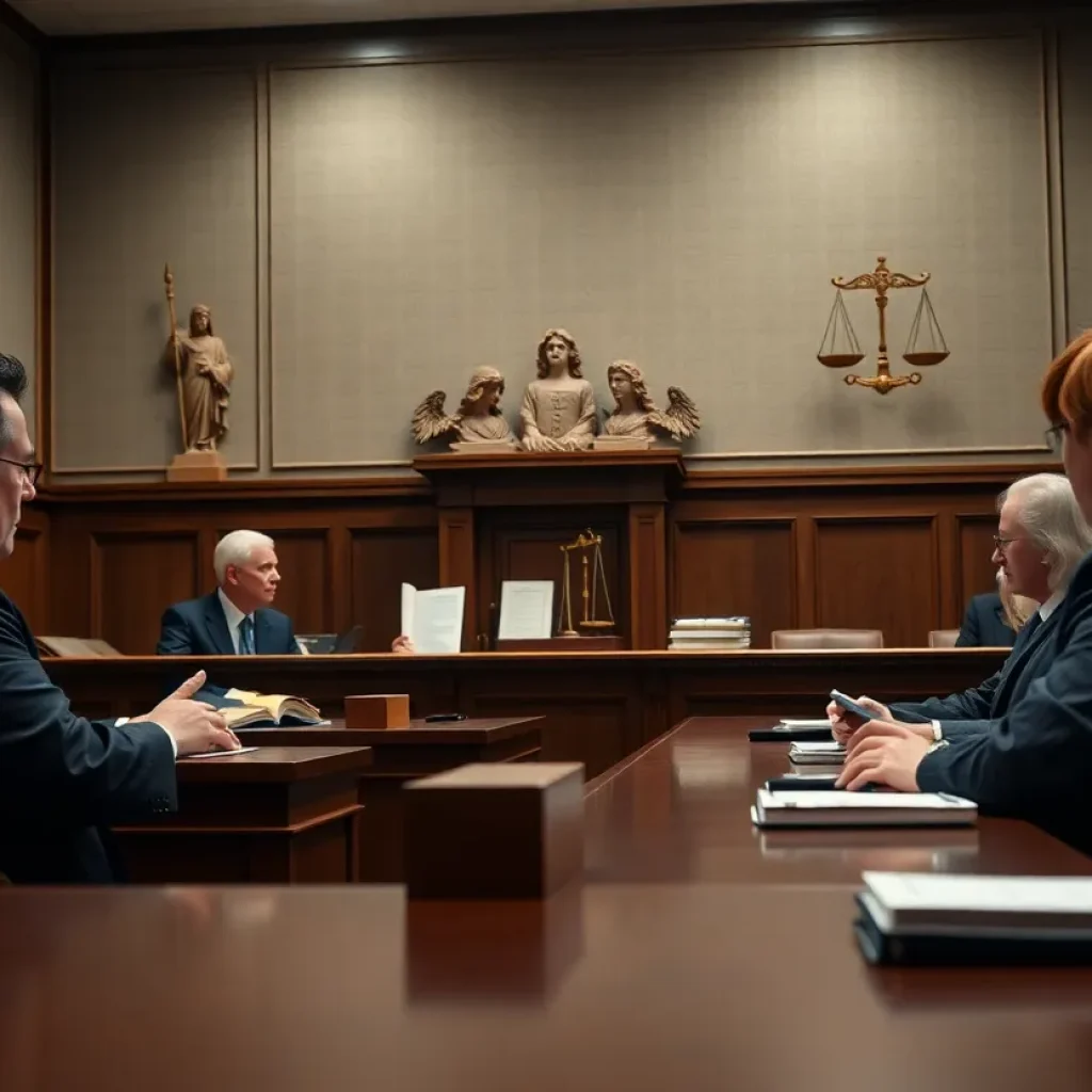 Courtroom scene depicting a ruling on the Ten Commandments law